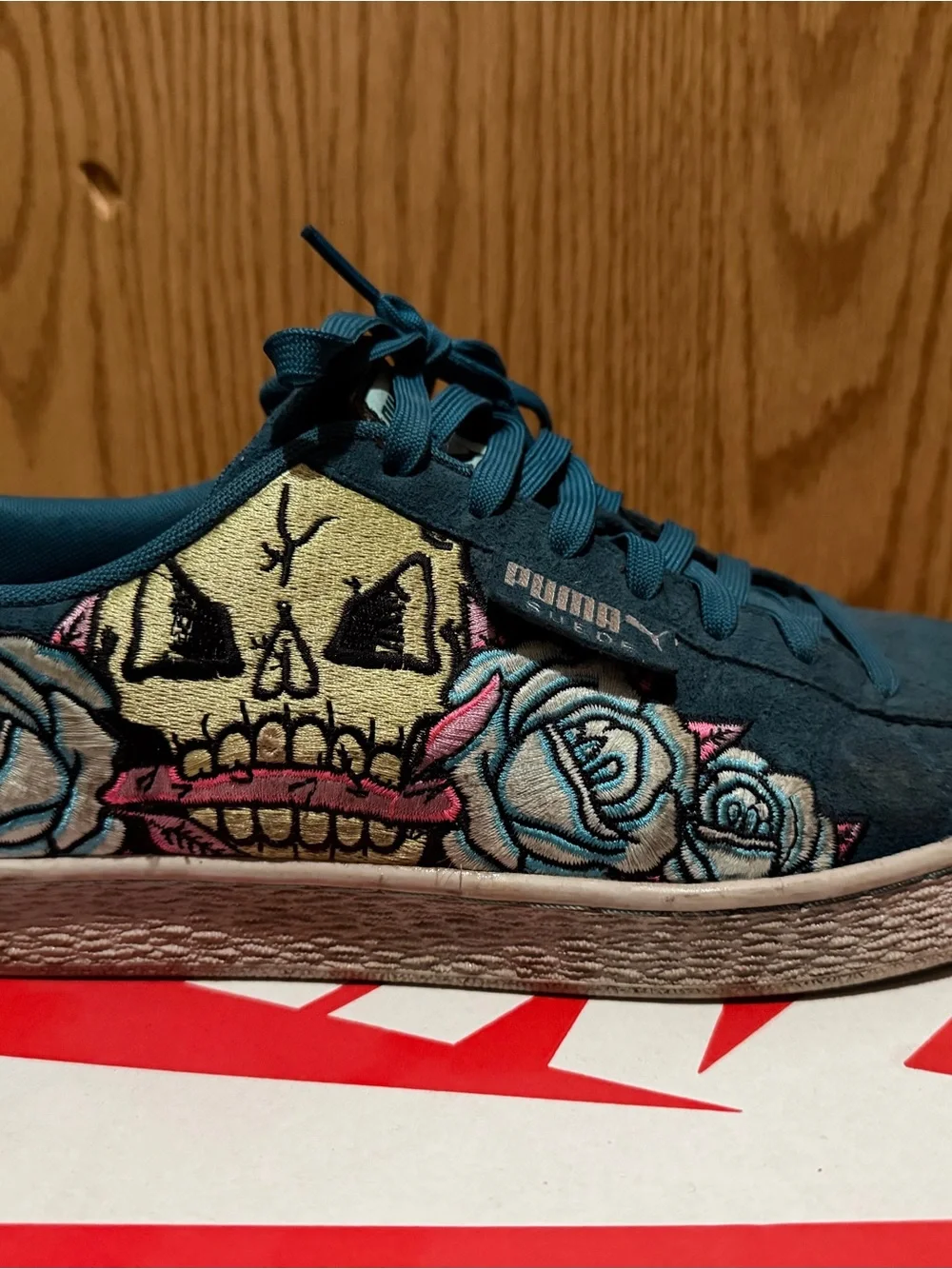PUMA Teal Suede Sneaker with Skull & Rose Embroidery